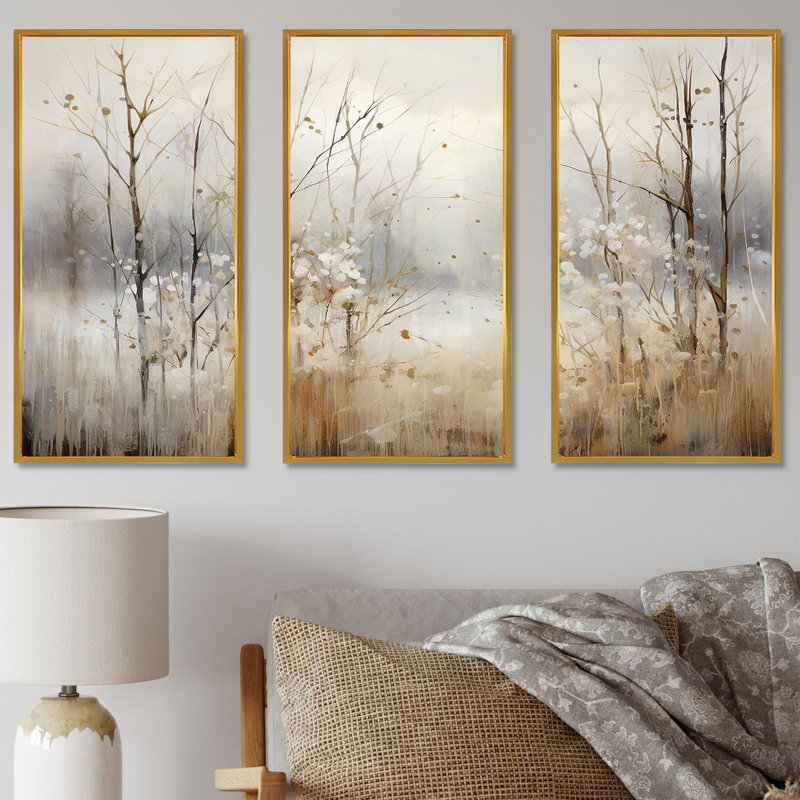 «Winter Meadow View Calmness II», art mural prairie, Cadre flottant doré, H 28 po x l 36 po x P 1 po