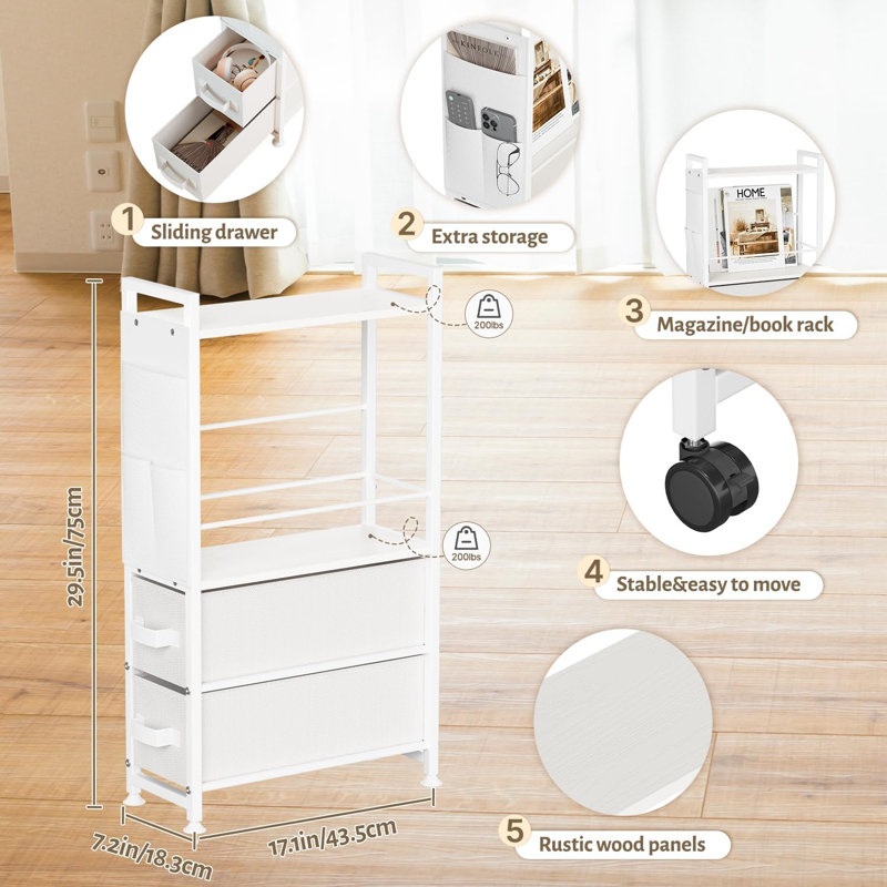 Petites tables d'appoint étroites pour petits espaces, table de chevet avec tiroirs et roulettes Skinny Bedside