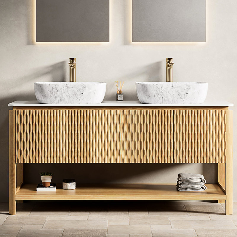 Meuble-lavabo de 60 po avec comptoir en pierre frittée, vasque en marbre, armoire et système de fermeture en douceur pour 2 lavabos autoportants, pierre blanche, contreplaqué
