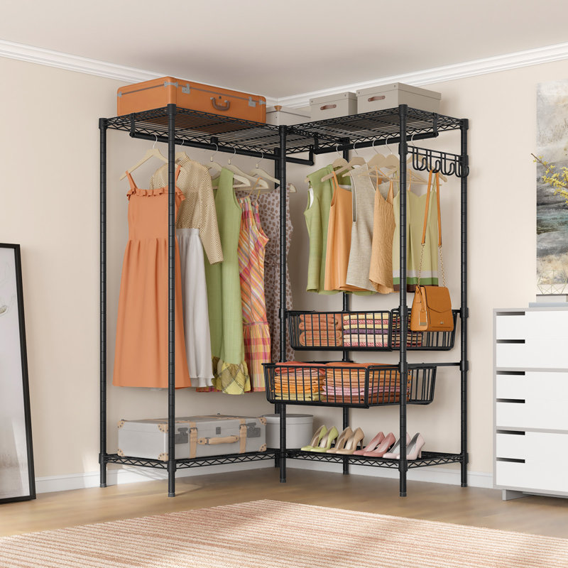 Black L-Shaped Metal Garment Rack with Slide Baskets and Shelves