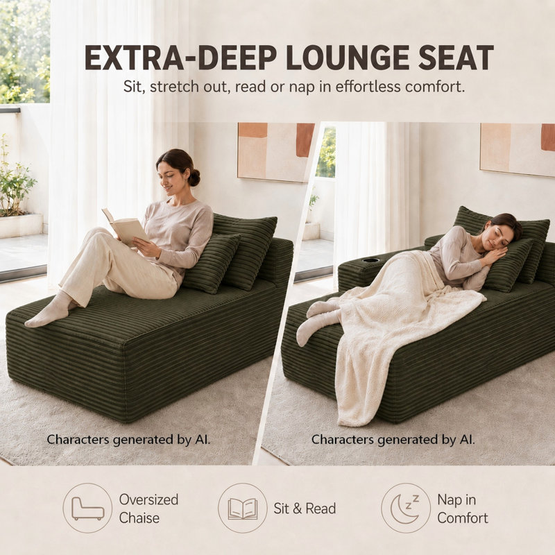 Chaise longue droite de 95 cm avec porte-gobelet, en peluche verte, Orienté à droite