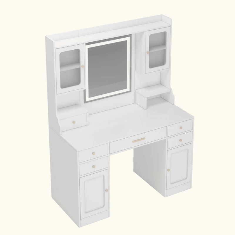 Grande coiffeuse avec miroir, 6 tiroirs et tablettes, bureau de commode