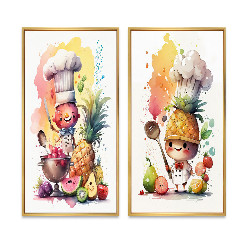 «Cute Chef Cooking With Fruit», 2 pièces sur toile, Encadrement doré, H 24 po x l 20 po