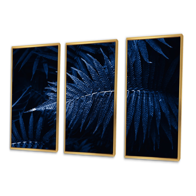Feuilles tropicales en bleu classique - ensemble d'art mural sur toile tropical encadré de 3