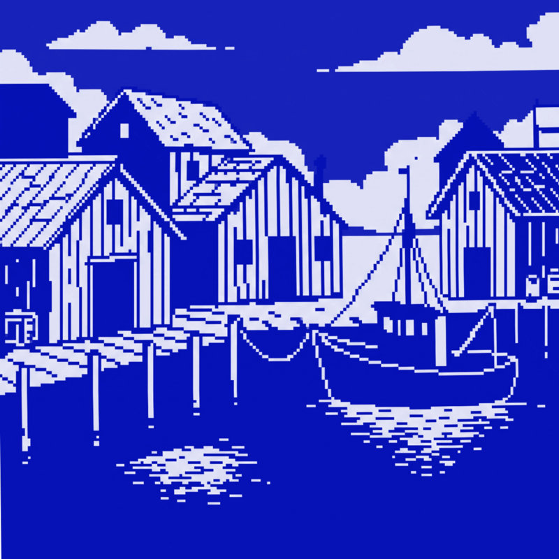 Rideaux de douche extra longs à motif pixel art de scène côtière, 70in W x 93in H, Medium Blue White
