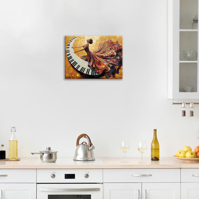 Music Pictures Wall Art, Abstract Woman Playing Piano Musical Wall Decor, Elegant Piano Girl Musician Framed Painting Canvas Artwork for Music Room Bedroom Living Room Decorations 16" L x 12" W