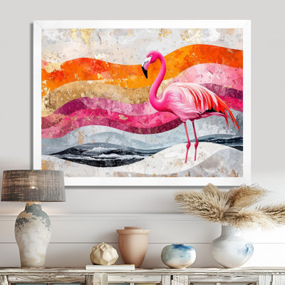 Gold Pink Flamingo On Bold Beach Landscape I - Flamingo Wall Art