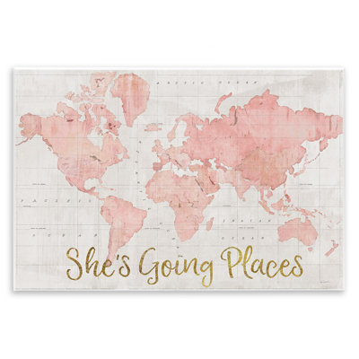 She's Going Places Quote Pink Watercolor World Map by Sue Schlabach - Print