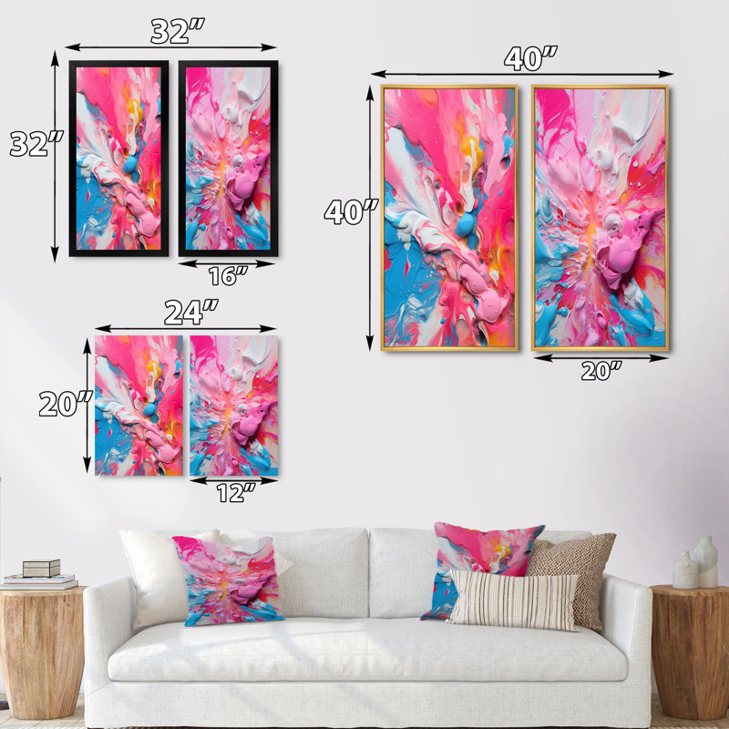 «Explosions de couleur rose et orange», 2 pièces sur toile, H 40 po x l 40 po, Toile tendue