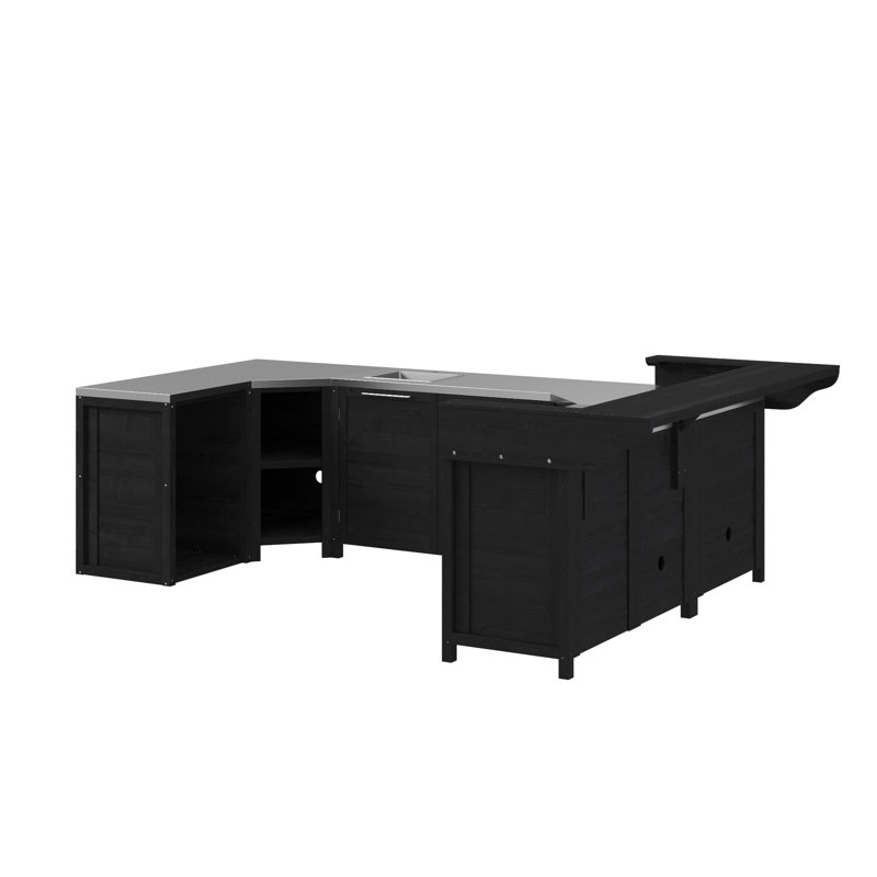 Ensemble de cuisine extérieure 6 pièces en cèdre noir avec évier, double rangement d'angle, meuble-réfrigérateur et bar, Noir