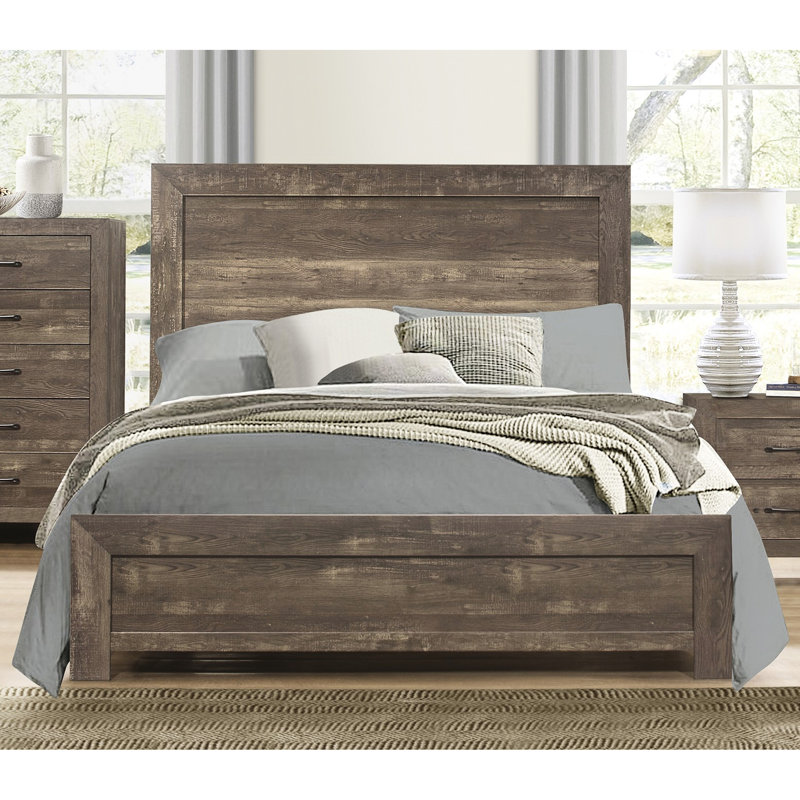 Lit double en bois brun rustique, meubles de chambre à coucher avec tête de lit et rails, sommier essentiel pour un cadre brun