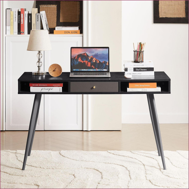 Bureaux Bureau Mid Century avec ports USB, prise de courant et amp; Tiroirs - Bureau d'écriture moderne noir | Panneau de fibres à densité moyenne