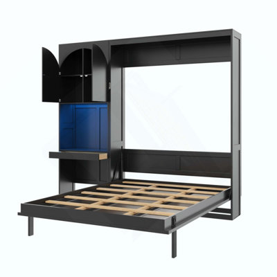 Lit escamotable avec armoire latérale réversible de gauche à droite, lumières DEL, tiroirs et armoires à tablettes de rangement multiples