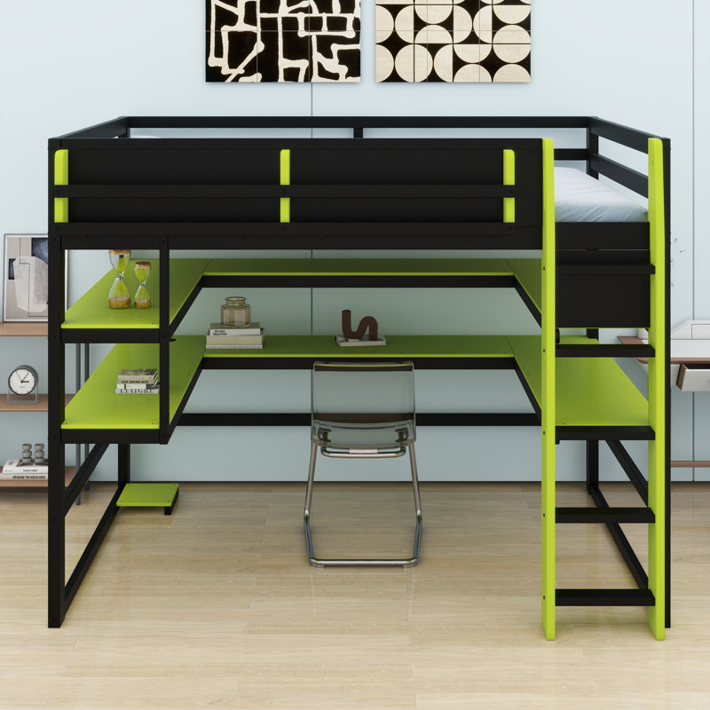 Modern Loft Bed with Integrated Workstation, Side Organization Rack, Multi-Tier Shelving, and Customizable RGB Ambiance