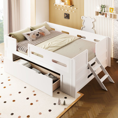 Full Size White Platform Bed With Guardrail And Storage Drawer, Constructed Of Solid Wood , Semi - Enclosed For , No Box Spring Required Storage, Pine + Build, Fence Safe Play