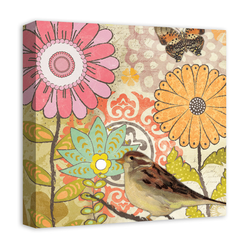 Médaillons de fleurs avec oiseaux sur toile, H 12 po x l 12 po x P 1,25 po
