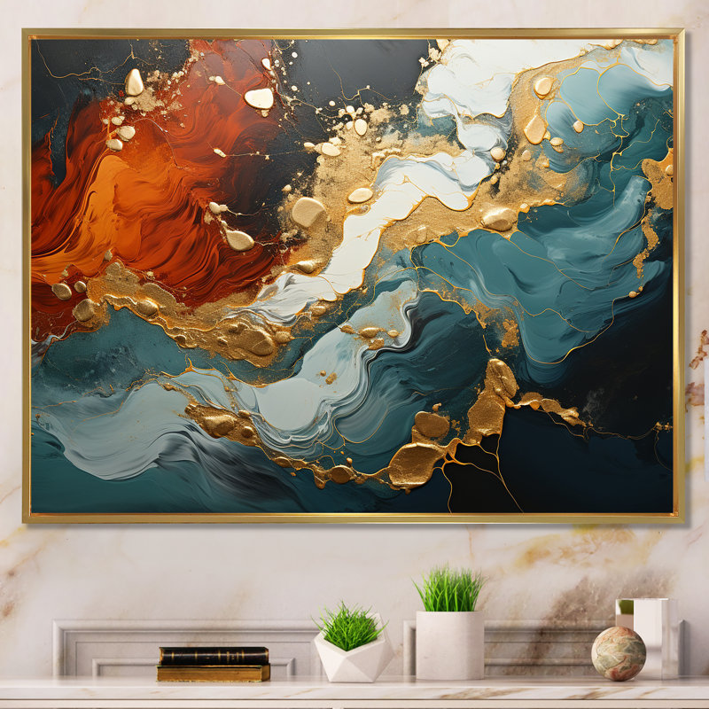 Tempête de marbre bleu et doré I - art mural abstrait, Cadre flottant doré, H 16 po x l 32 po x P 1 po