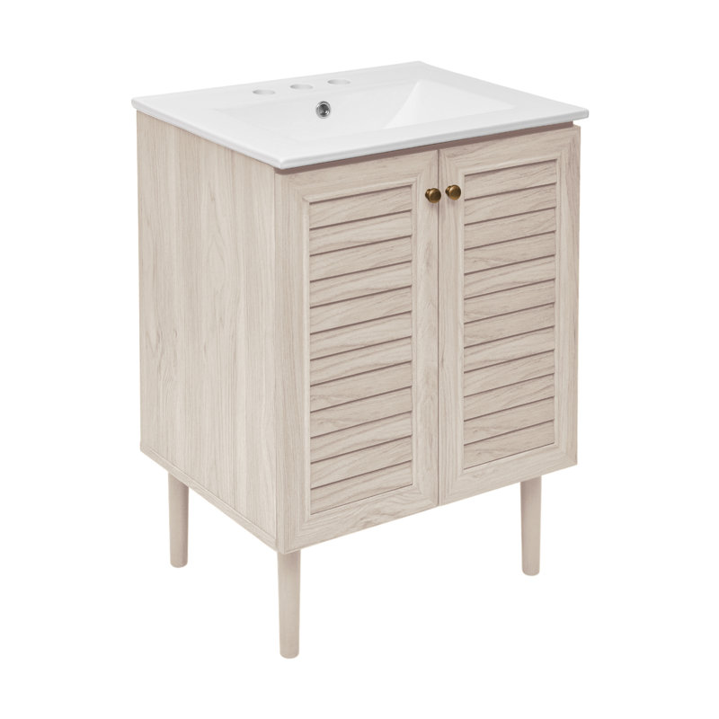 Meuble-lavabo autoportant 24 po en chêne blanc avec comptoir à 3 trous Bron, Chêne blanc, Blanc, 8 po