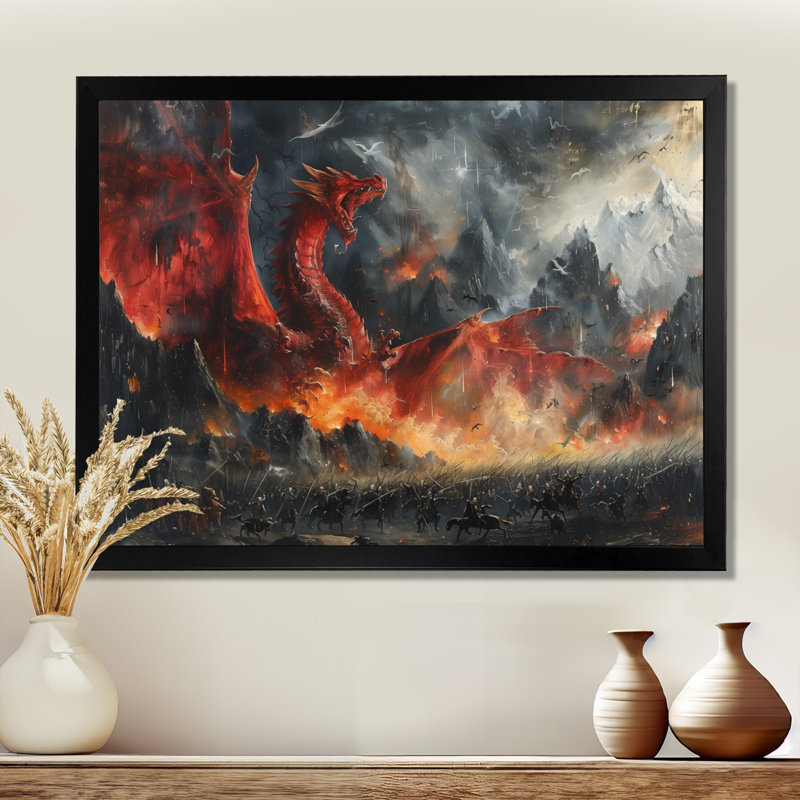 Épopée de bataille entre les dragons et les militaires III - Dragons, art mural, Toile encadrée noire simple