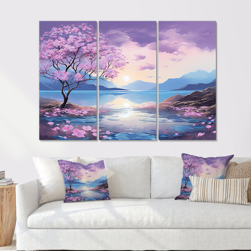 «Beautiful Pink Rhododendron Landscape I - Flower Field», ensemble d'art mural sur toile, Toile tendue