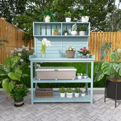 Rustic 65" Outdoor Wooden Potting Bench Table, Garden Workstation With 4-Tier Storage Shelves & Side Hooks