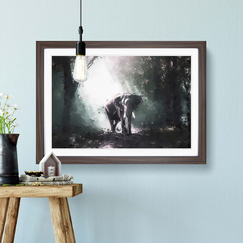 Elephant Roaming in a Green Forest in Abstract - Picture Frame Painting Print, 27cm H x 36cm W x 2cm D, Walnut Framed