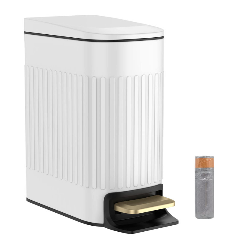 White Stainless Steel Slim Rectangular Pedal Trash Can for Kids