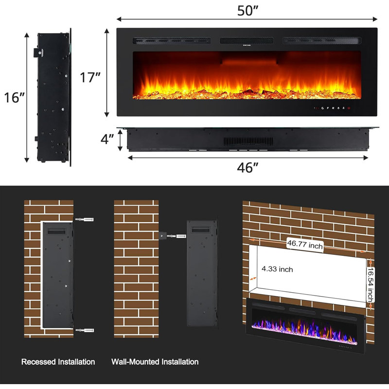 50" -Thin Built-In Electric Fireplace with Flame & Remote, Overheat Protection