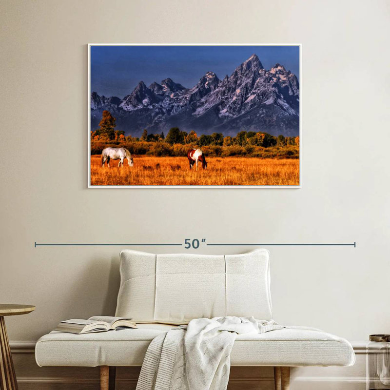 Chevaux paissant à Grand Teton, Cadre flottant blanc, 40 po x 27 po