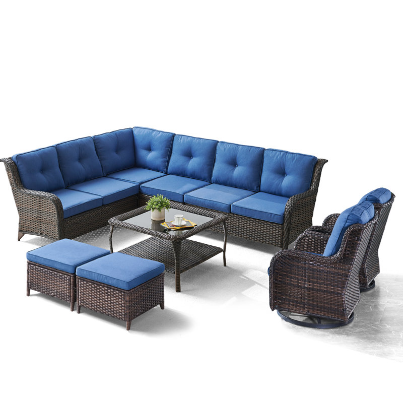 Schutt 8 Person Outdoor Sectional Seating Group with Cushions, Brown Frame/Blue Cushion