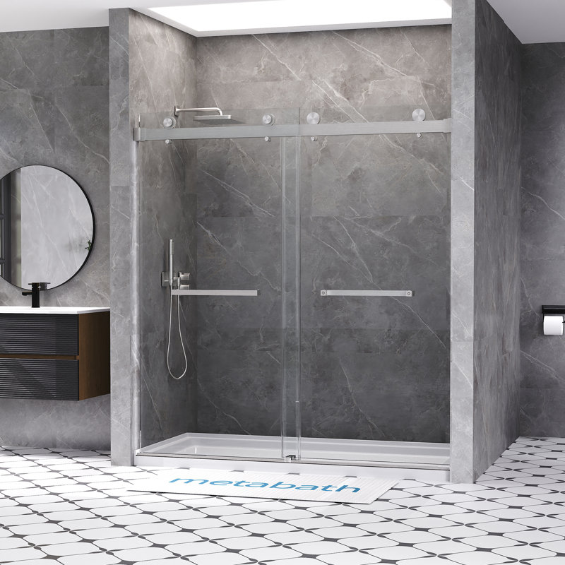 Porte de douche coulissante double sans cadre de 66 à 72 po x H 76 po avec verre trempé transparent de 5/16 po (8 mm)
