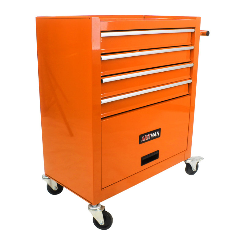 Chariot à outils roulant orange à 4 tiroirs avec roues verrouillables - Armoire à outils mobile en acier robuste pour l'organisation du garage