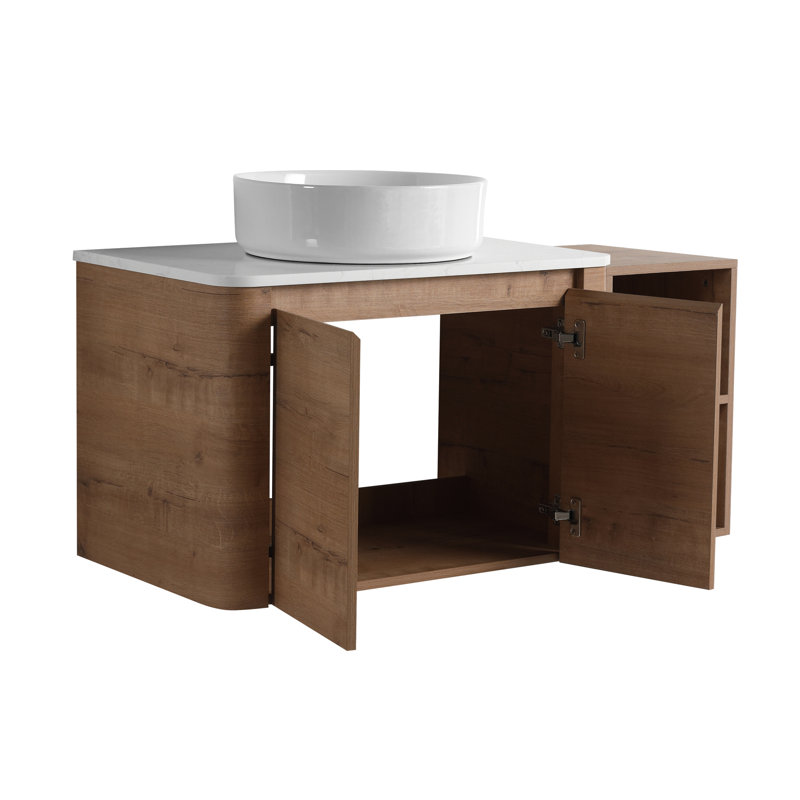 Meuble-lavabo de 42 po pour la salle de bain, lavabo d'art en céramique, 1 tablette de rangement, 2 portes à fermeture en douceur, dalle de pierre blanche