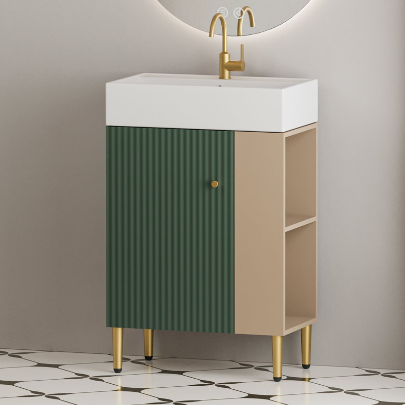 21.6" Freestanding Single Bathroom Vanity Set with Left Side Open Shelf, Ceramic Sink, Soft-Closing Door, Cloakroom Storage Cabinet, 3 Colors Option
