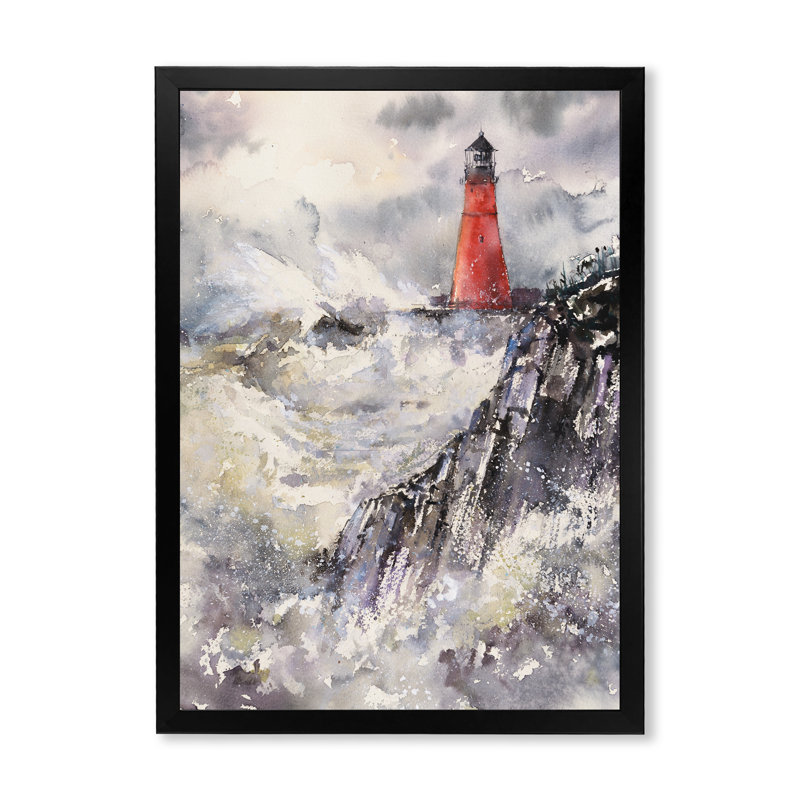 Phare gris, paysage orageux, reproduction d'art sur toile, Toile avec cadre photo noir, H 20 po x l 12 po x P 1 po