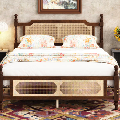 Modern Queen Bed With Headboard And , Walnut Color, Pine Structure Queen-Size Details, Wood, Tone, Build