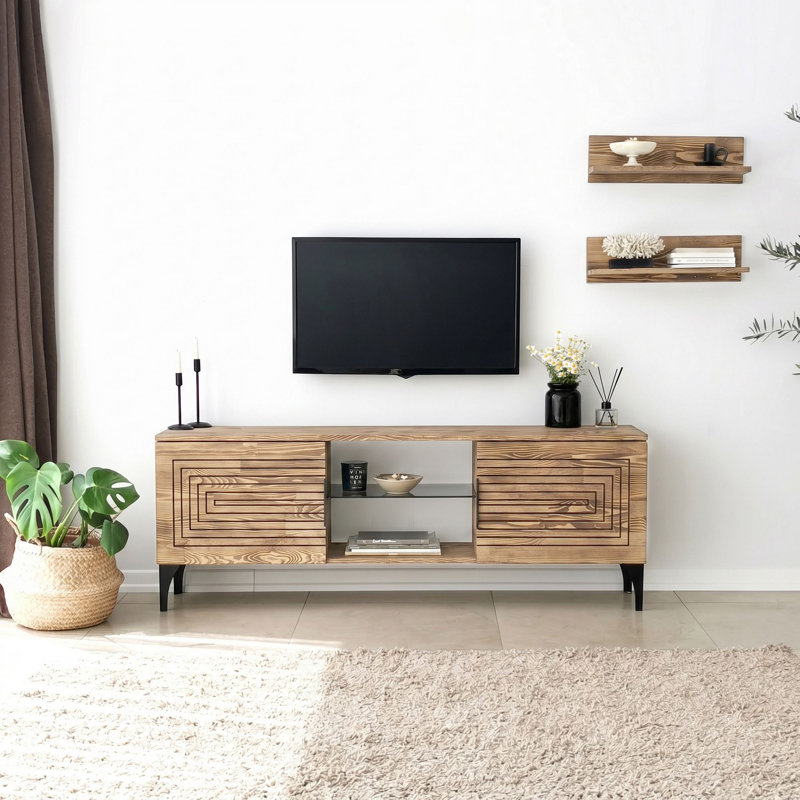 Modern TV Unit with Antibacterial Solid Pine Wood, Oak Finish, 47.5 x 15.7 x 11.8 inches | Rustproof Metal Legs, 2 Shelves (19.7 x 5.9 x 4.7 inches) | Stylish Scandinavian Design, Easy Assembly, Perfect for Living Room