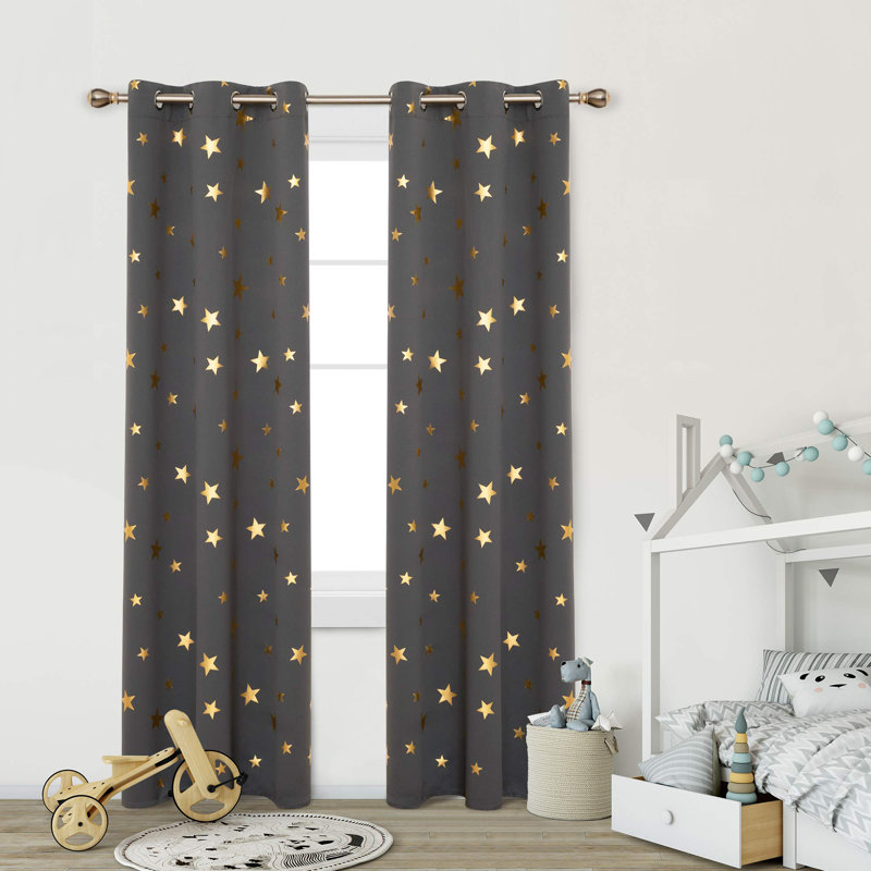 Gold Star Foil Print Room Darkening Thermal Insulated Grommet Curtain Panels (Set Of 2), 42" W x 72" L, Dark Gray