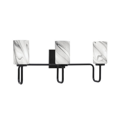 Barre d'éclairage de salle de bain 3 lumières Amarmula, finition noir mat, verre tourbillon onyx 4 po