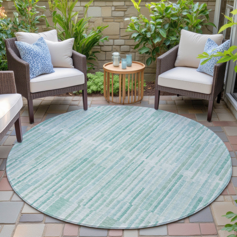 Machine Washable Indoor/Outdoor Xhevrie Turquoise Rug, Round 8'