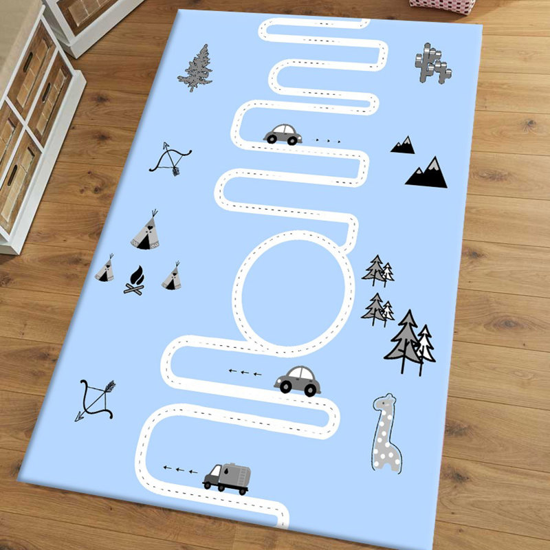 Tapis bleu en polyester tissé à la machine Golub, Rectangle 4 pi 4 po x 6 pi 3 po