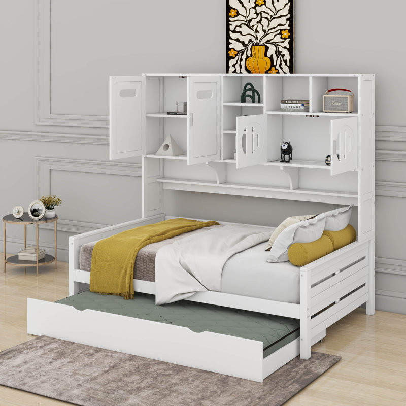 Lit de jour en bois avec lit gigogne et armoire et tablette tout-en-un, Gris, Lit double