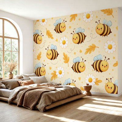 Wall Mural Peel and Stick Wallpaper Seamless bees daisy flower yellow Flat Self-Adhesive Removable Contact Paper Wall Decor for Living Room Bedroom 69"H x 96"W