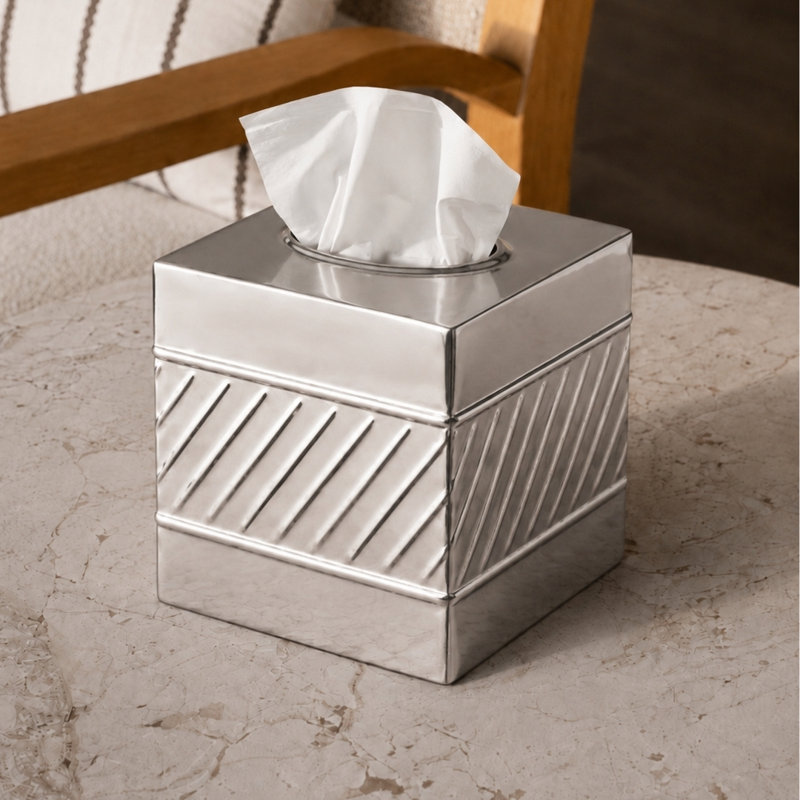 Wave Embossed Metal Tissue Box Cover, Nickel Chrome
