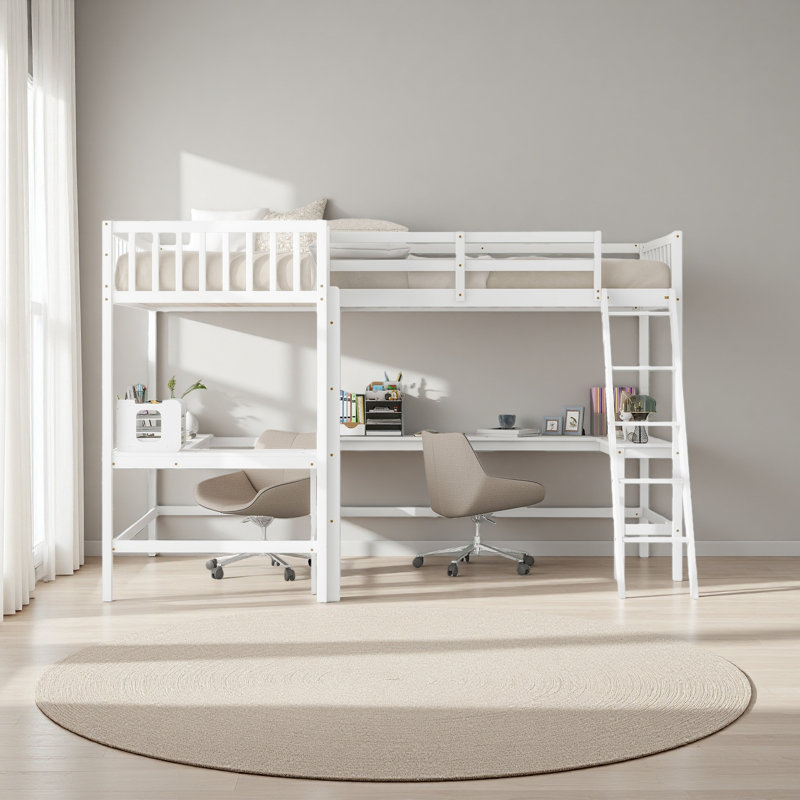 Lit mezzanine simple en bois en forme de L avec échelle et 2 bureaux intégrés en forme de L, Blanc