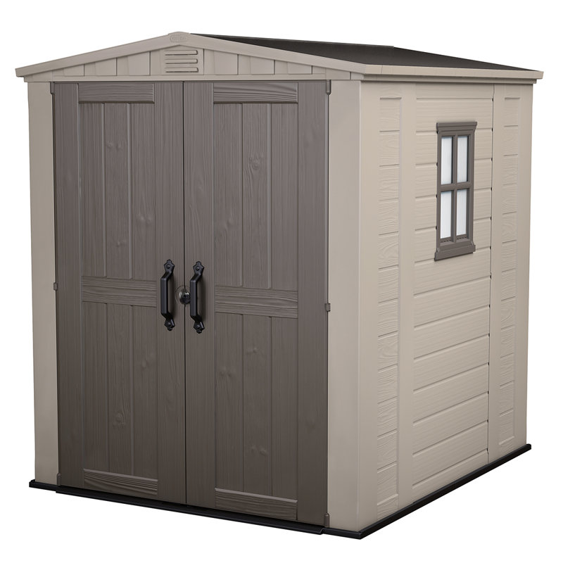 Remise de rangement d'extérieur en résine durable 6 pi x 6 pi Keter Factor avec plancher et portes doubles pour meubles et outils de jardin, brun