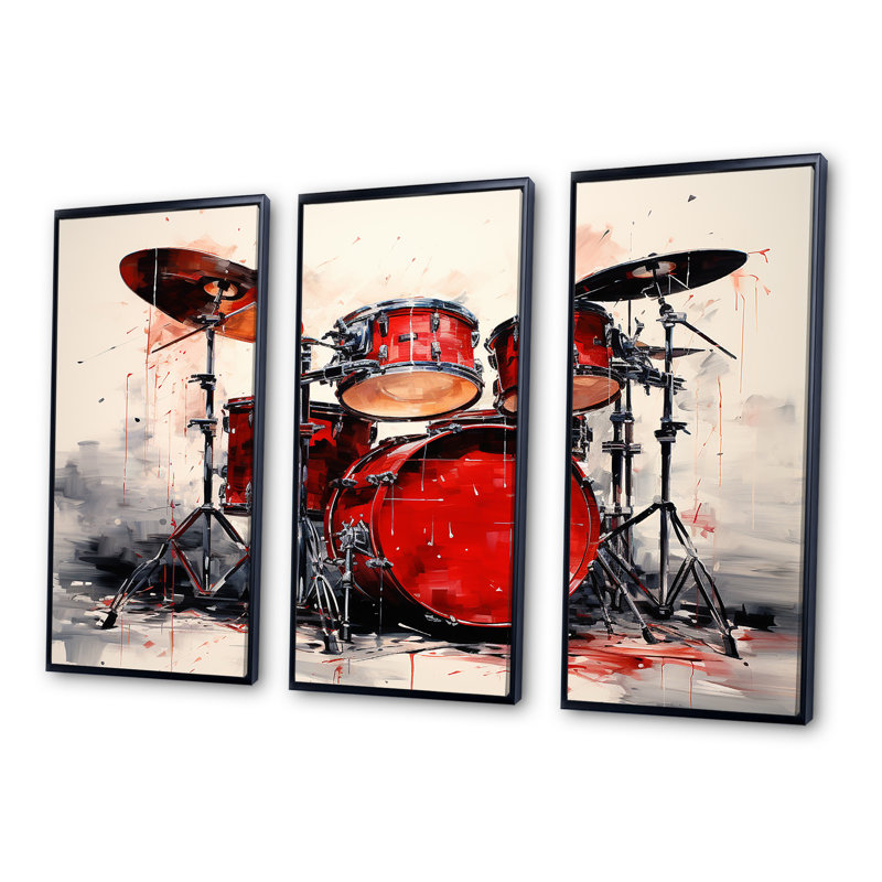 Music Drums Pulse Deep Red I - Ensemble d'art mural musical, H 28 po x l 36 po x P 1 po, Cadre flottant noir