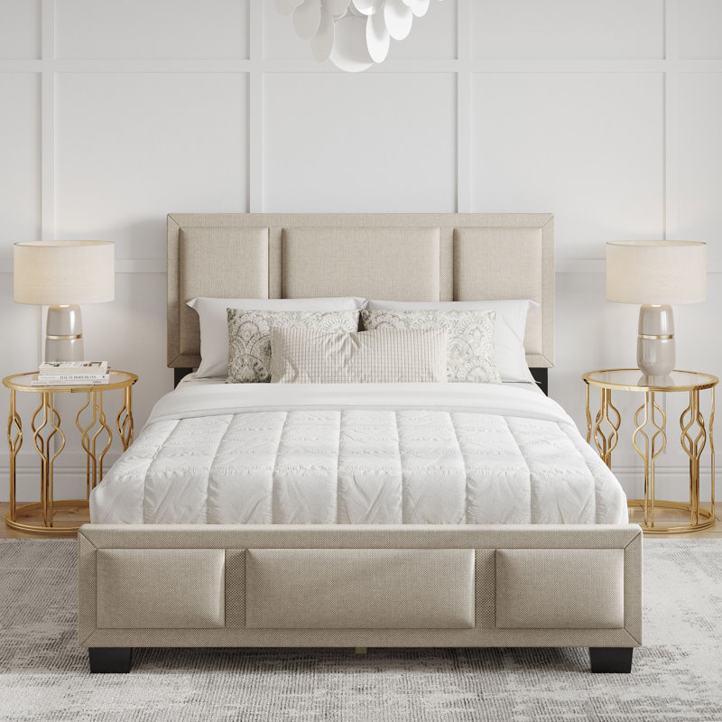 Triiptych Linen Upholstered Platform Bed Frame, Adjustable Height Headboard, No box Spring Required, Full, Off White