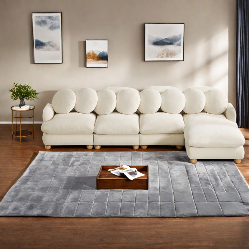 Grand sofa sectionnel 5 places, canapé modulable en chenille avec pouf, beige moderne, Beige
