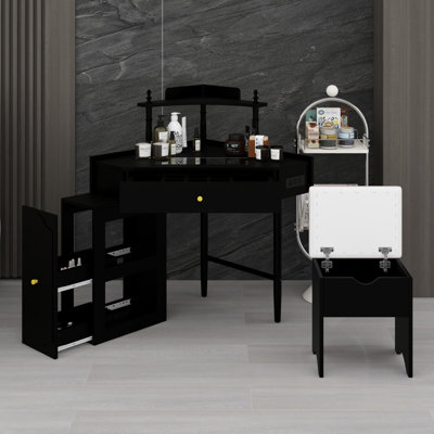 Meuble-lavabo de coin multifonctionnel avec rangement, tabouret, station de charge et plateau de table en verre